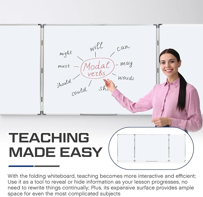 96” x 40 ” Foldable Whiteboard Dry Erase Board Large Tri Folding Whiteboard Magnetic Dry Erase Board, Wall Aluminium Frame and Flip Out Pen Tray for Office, Home