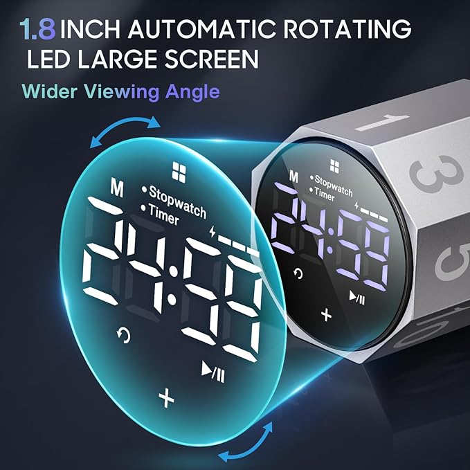 Digital Pomodoro Timer,Frosted Metal Productivity Cube Timer,1.8 in LED Digital Large Screen and Auto-Rotating Display,1/3/5/10/25/30/60min&Custom Time, Silent & Alarm,for Office, Study, Work(Grey)