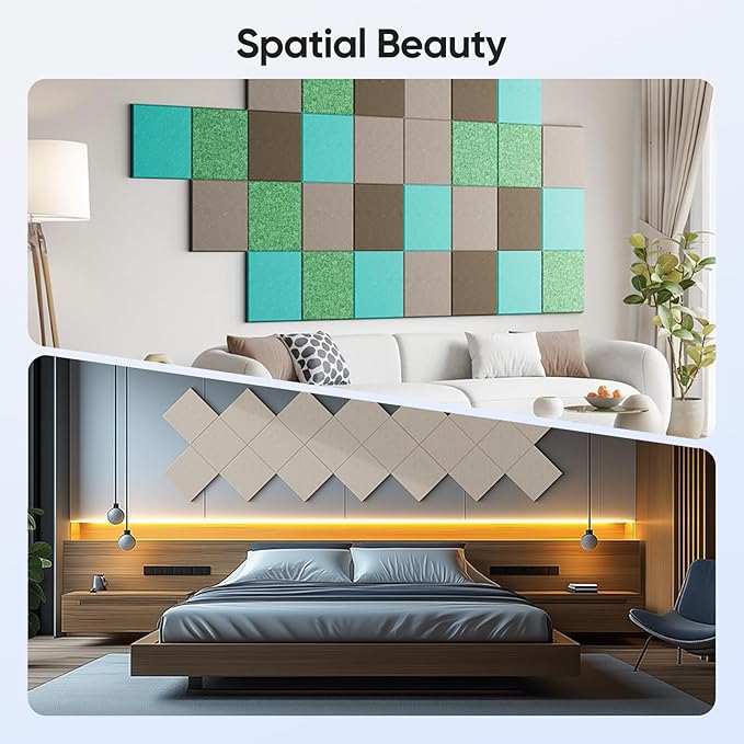 UNECHO 12 Pack 12" X 12" X 0.4" Acoustic Panels for Wall Sound Absorbing, Square Self-Adhesive Sound Panels, High Density Suitable for Multiple Scenarios(Light Camel)