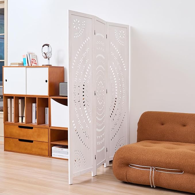 66.9Inch Folding Room Divider, 3 Panels Wood Carved Privacy Screens, Free Assembled Freestanding Partition for Home Office Restaurant Bedroom (White-Washed)