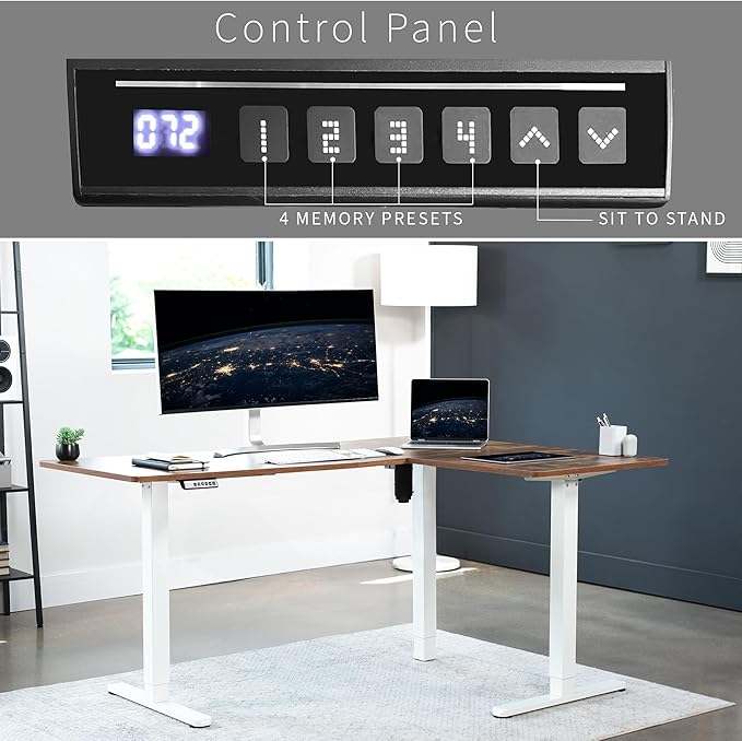 VIVO Electric Corner 63 x 47 inch L-Shaped Standing Desk, Memory Height Adjustment, Rustic Vintage Brown Top White Frame, DESK-E3CTWN-47