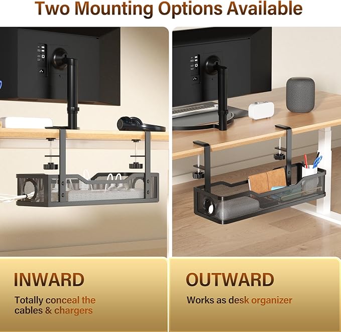 Under Desk Cable Management Large, Cinati 16" Cable Management Box for Table Thickness up to 3", Wire Cord Organizer with Clamp No Drill, No Damage to Desk (Black)