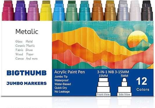 BIGTHUMB Jumbo Graffiti Poster Markers Set: 12 Metallic Colors Large 15mm Wide Tip Permanent Ink Thick Acrylic Paint Pens for Rock Painting, Stone, Glass, Wood, Ceramic, Metal, Plastic, Fabric