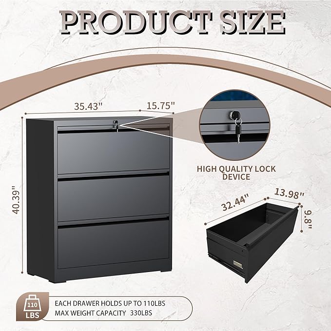 mysteeldepot 3 Drawer Lateral File Cabinet for Home Office, Lateral File Cabinets with Lock, Metal File Cabinet, Heavy Duty File Storage Cabinet for Legal/Letter/A4 Document, Assembly Required, Black