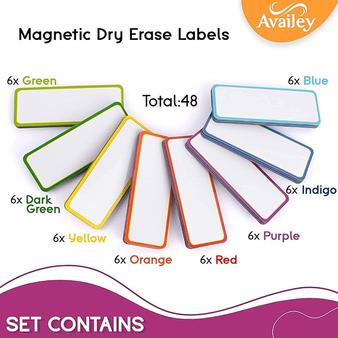 Availey 48 Pieces (3.2 x 1.2) - Colored Border Magnetic Dry Erase Labels - Reusable Strips for Classroom Home Office Garage Refrigerator Blank Writable Erasable Cards Name Tags Students Locker Shelf