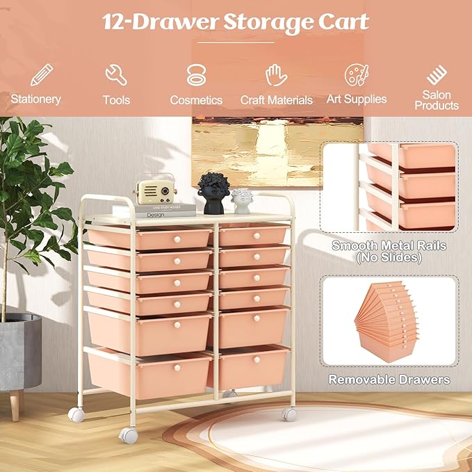 LDAILY 12 Drawer Rolling Storage Cart, Craft Cart Organizer on Wheels w/Metal Frame, Large Capacity & Smooth Drawer, Rolling Cart w/Drawers for Classroom, Office