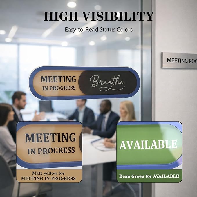 In a Meeting Office Door Sign with Slider - "Breathe" Offices Status Indicator (Meeting in Progress/Available), Adhesive Back & Extra Magnets, Acrylic Privacy Sign for Home Office, Studios & Workspaces
