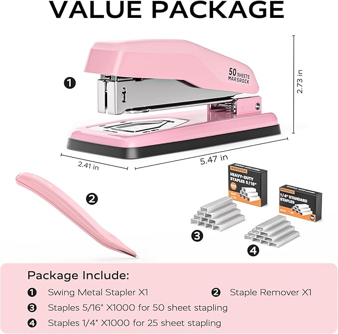 Marsrock Desktop Stapler, Swing-Arm Swivel Stapler, 50 Sheet Capacity, 2000 Staples and Staple Remover, Rotatable Heavy Duty Staplers for Office, Home, Classroom, Booklet, Book Binding,Pink