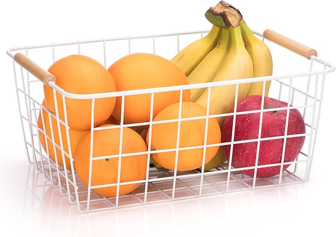 HDYOUDO Metal White Wire Basket,Food Storage Organizer with Wooden Handles, pantry organizers and storage for Organizing Kitchen Cabinets potato onion, 2 Packs