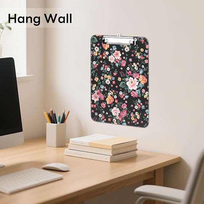 Luminzo Plastic Cute Clipboard Low-Profile Metal Clip, A4 Letter Size 9 x 12.5 in, 8.5 x 11 Paper Clip Board for Teachers, Nurses, Classroom,Vintage Flower