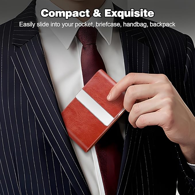 Business Card Holder for Women or Men, Business Card Case with PU Leather and Stainless Steel, Slim Metal Case with Magnetic Closure for Business Meeting Use