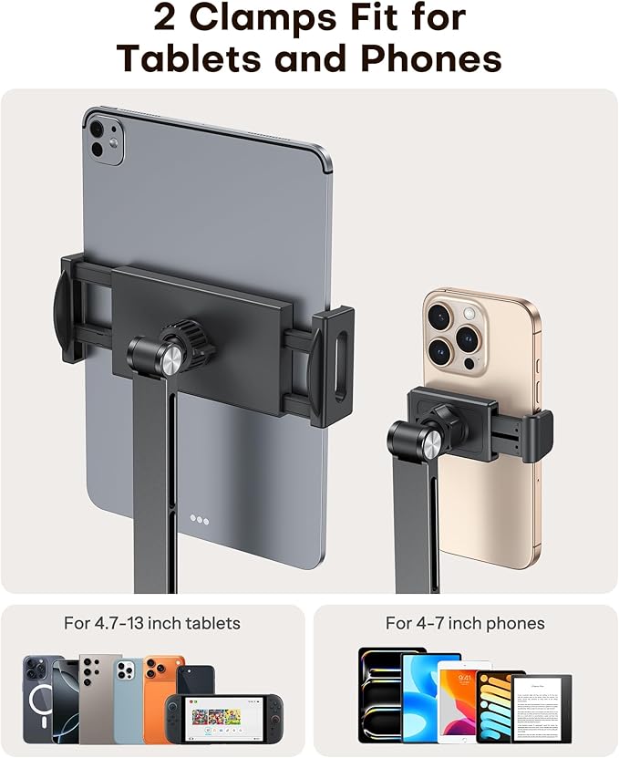 OMOTON Adjustable Tablet Stand for iPad, Desk Phone Holder for Bed with 2 Clamps, Flexible Aluminum Alloy Mount with 360° Rotation for 4-13" Devices (Black)