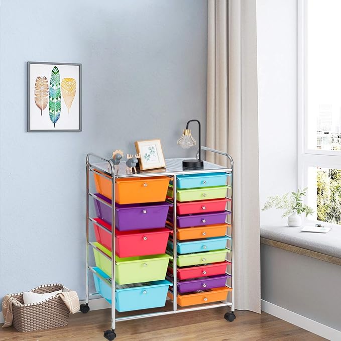 LDAILY 15 Drawer Rolling Storage Cart, Rolling Cart with Drawers for Classroom, Art Supply Craft Organizer on Wheel with Metal Frame & Handles for Home Office School