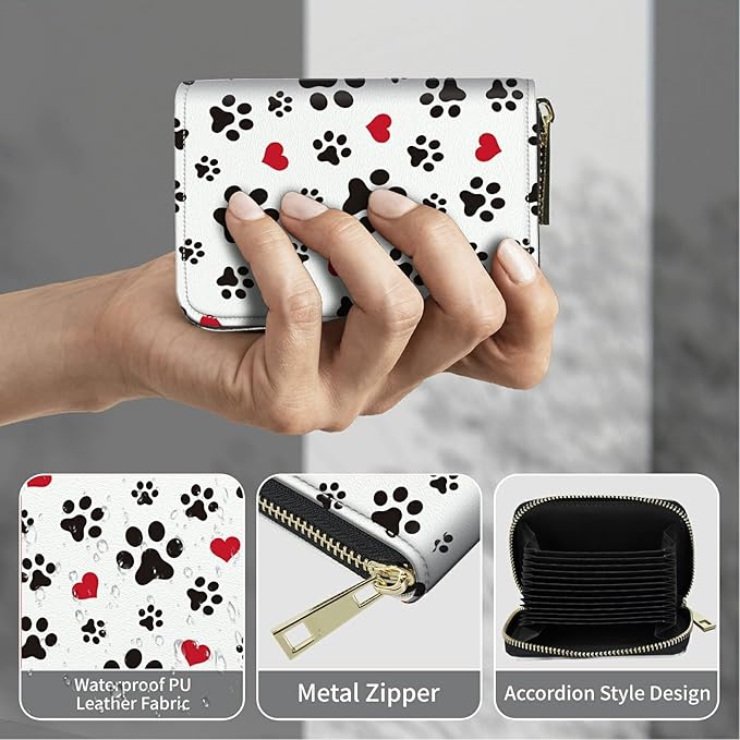 BWEGRHE Cute Credit Card Holder with Zipper, Cute Dog Paw Prints RFID-Blocking Card Case Small Wallet for Women Men, Multi-slot Card Organizer Case Travel Accordion Wallet