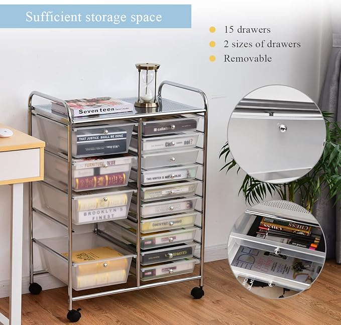 LDAILY 15 Drawer Rolling Storage Cart, Rolling Cart with Drawers for Classroom, Art Supply Craft Organizer on Wheel with Metal Frame & Handles for Home Office School