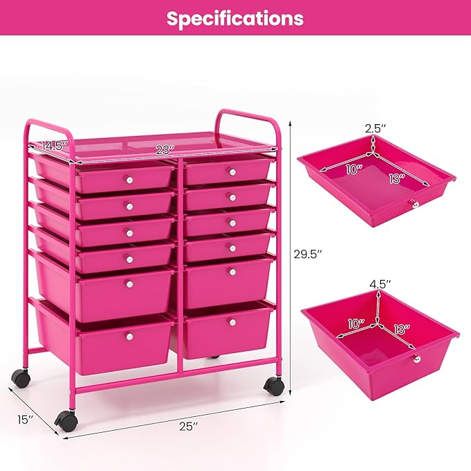 Giantex 12 Drawer Rolling Storage Cart Tools Scrapbook Paper Office School Organizer (Hot Pink)