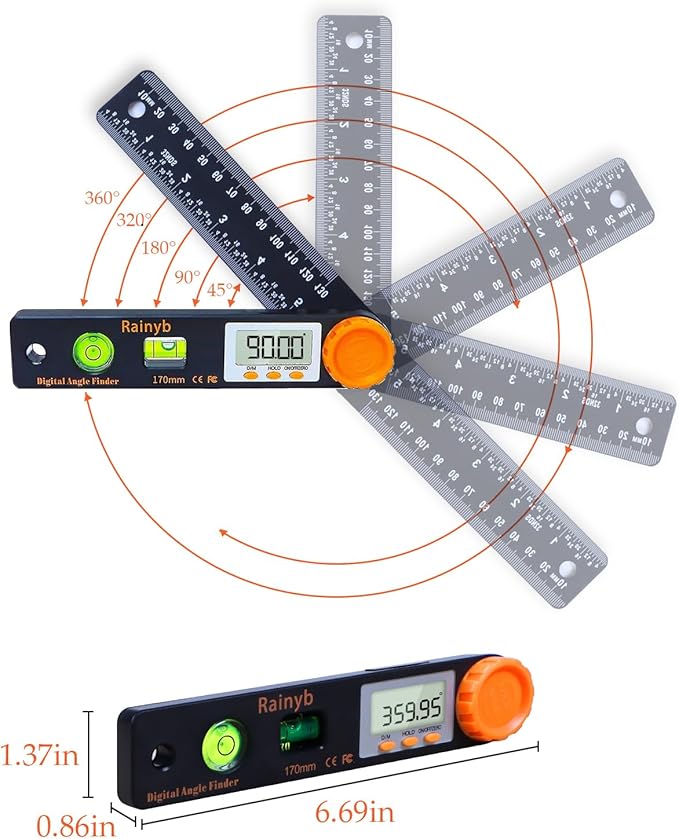 Rainyb Digital Angle Finder Tool 5 inch Pocket Protractor 0-360 degree LED Digital Protractor with Horizontal Bubble Levels and Ruler Meter Accurate Tool for Carpenters,Woodworkers,Fabricators（5 inch）