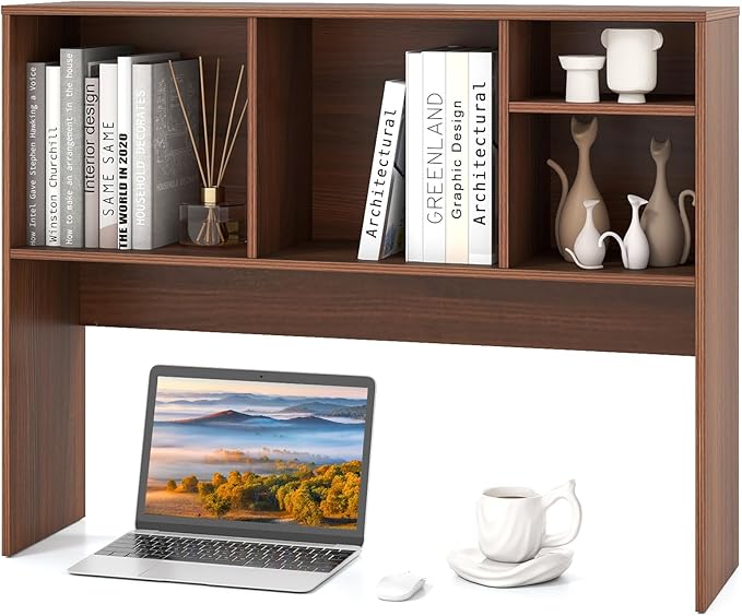 Tangkula Desktop Bookshelf, Countertop Storage Hutch with 4 Shelves for Computer Desk, Desktop 2-Tier Display Rack, Multipurpose Wood Desk Hutch Storage Organizer for Dorm Office Home (Walnut)