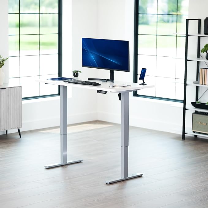 VIVO Electric 55 x 28 in Standing Desk, Memory Height Adjustment, 1B Series, Holds 220 lbs, One-Piece White Top, Gray Frame, DESK-KIT-1G55W