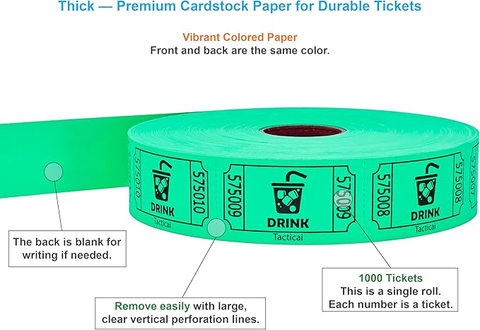 Tacticai 1000 Raffle Tickets, Drink, Green (1 of 8 Colors), Single Roll for Events, Entry, Class Reward, Fundraiser & Prizes