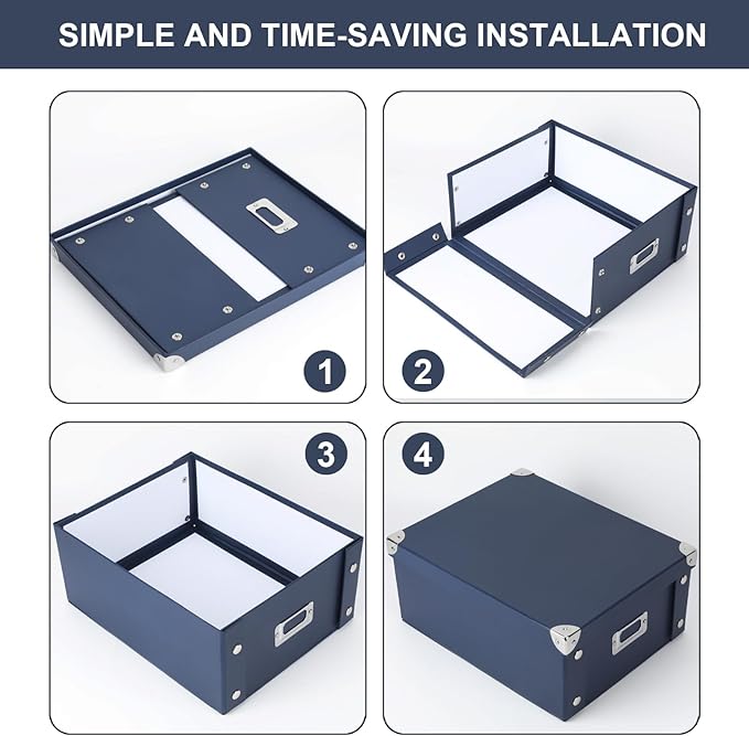 DLUGOPIS Checks Storage Box with Lid Document Boxes Banker Boxes Document Bin Foldable Cardboard Record Boxes For Business Pesonal Orangize Files 12"x10"x5"(Navy Blue, 1 pcs)