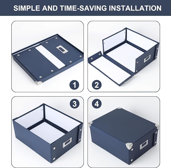 DLUGOPIS 2 Pcs Inch Checks Storage Box with Lid Document Boxes Document Bin Banker Boxes Foldable Receipt Box Storage Navy Blue Cardboard Record Boxes For Business Pesonal Books Files 12"x10"x5"