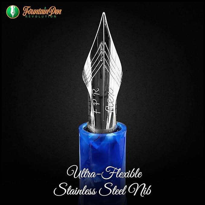 Jaipur V2 Piston Filled Refillable Fountain Pen - Blue Ultra Flex Cursive Pen w/Stainless Steel Nib - Luxury Pens w/Acrylic Body & Ebonite Feed - Fountain Pens for Journaling & Calligraphy