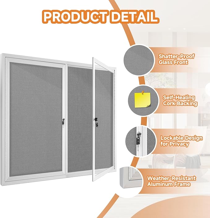 Enclosed Bulletin Board with Locking Door, Outdoor Bulletin Board Weatherproof, Lockable Display Case for Home, Office, and Community Use(31.5" L x 43.3" W Gray)