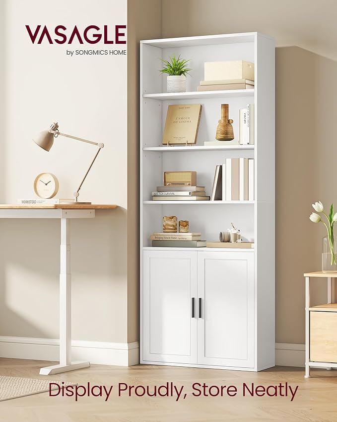 VASAGLE Custos Collection - Bookshelf, 6-Tier Tall Bookcase, Book Shelf with Doors, Open Storage Shelf, 9.4 x 23.6 x 68.9 Inches, for Living Room, Home Office, Dining Room, Cloud White ULBC402W01