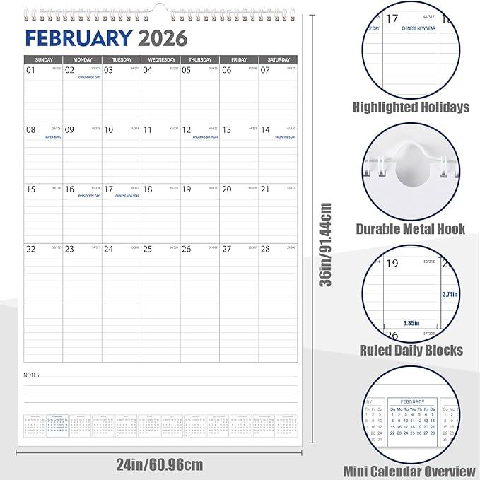 GuassLee Extra Large Wall Calendar 2026, 36"x 24" Jumbo Vertical Wall Planner 2026-2027 from January 2026 to June 2027,18 Months with Julian Dates and Notes for Office School Home Teacher Planning