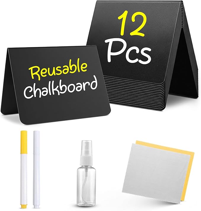 12 Pack Mini Chalkboard Signs for Food, 4”x3” Small Reusable Chalk Board Signs w/Spray Bottle, Food Labels for Party Buffet, Table Signs for Wedding, Name Tags & Bakery w/ 2 Markers & Wiping Cloths
