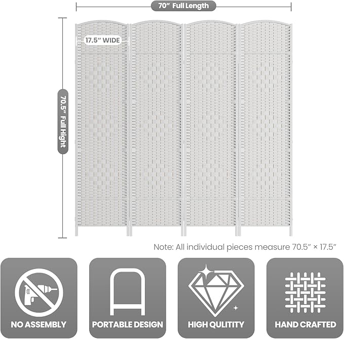 Cocosica 4 Panel Room Divider,6Ft Folding Privacy Screen,Tall - Extra Wide Foldable Panel Partition Wall Divider with Diamond Double-Weaved Hand-Woven Design Room Screen Divider（White）