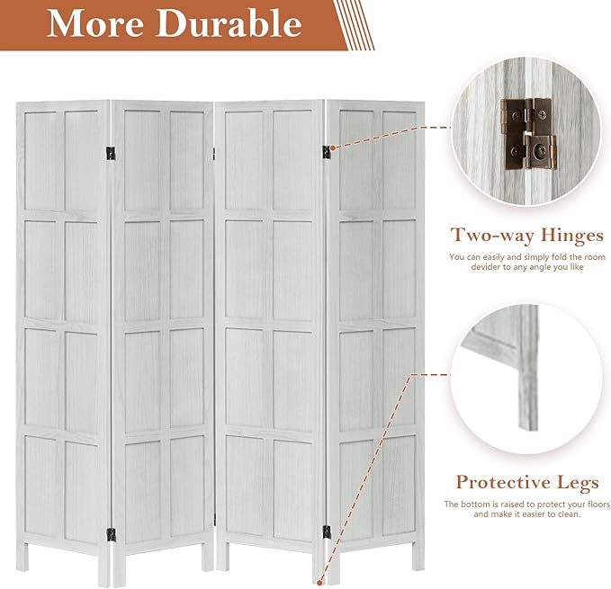 Leesinwing Wood Room Divider 4 Panel Folding Privacy Screen, Classic 5.6Ft Indoor Wooden Partition, Portable Partition Wall Divider for Room Separation, Home, Office, Bedroom, Restaurant (White)