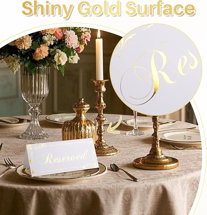 12 Pack Reserved Table Signs White Reserved Table Tent Card with Gold Foil Design for Wedding Party Restaurant - Double Sided Reserved Sign Table Tent Place Cards for Event