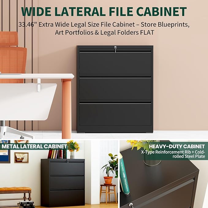 3 Drawer Lateral File Cabinet with Lock, Metal File Cabinets for Home Office, Office Furniture for Organization Hanging Legal/Letter/A4, Metal Filing Cabinet Storage Cabinet, Require Assembly, Black
