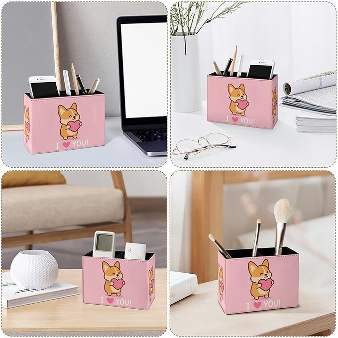 Famame Corgi I Love You Pencil Holder for Desk, Leather Desktop Container Pen Cup Storage Study Table Pen Organizer Makeup Brushes Holder for Office Home