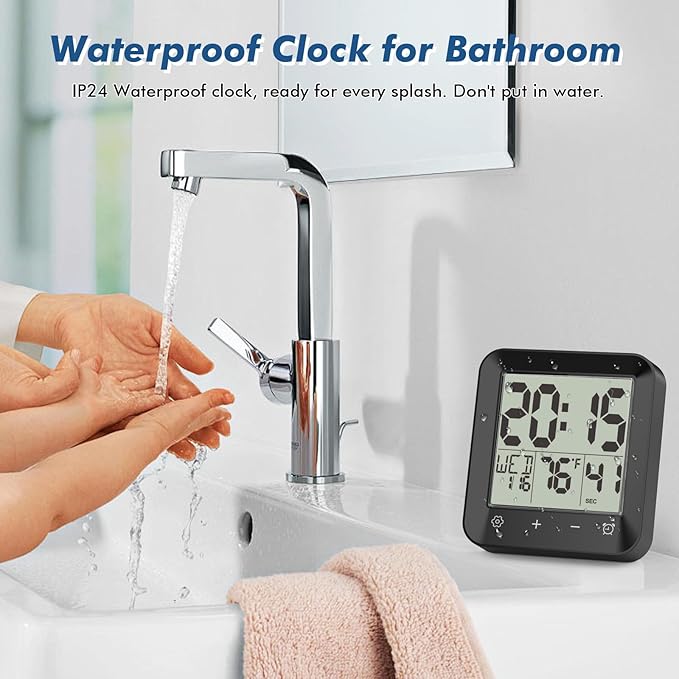 Wisoee Waterproof Shower Clock Timer, Bathroom Clock with Countdown, Touch Screen, Indoor Temperature, Suction Cup, LCD Digital Wall Clock for Bath, Kitchen