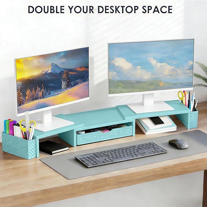 Spacrea Metal Desk Organizers and Accessories, Dual Monitor Stand Riser with Drawer and 2 Pen Holders, Desk Accessories & Workspace Desktop Organizers for Office Supplies (Blue)