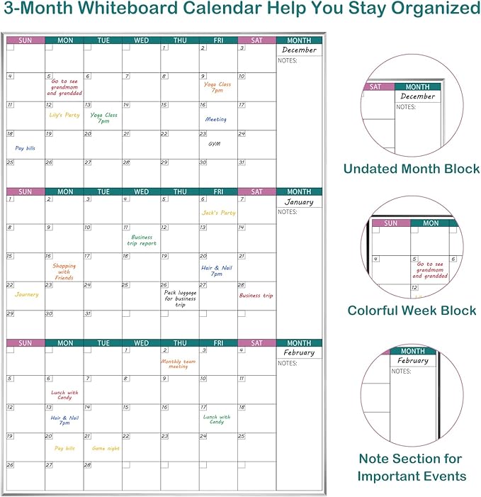ARCOBIS 3-Month Dry Erase Calendar for Wall, 39"x28" Magnetic Whiteboard Calendar with Silver Aluminum Frame, Monthly Calendar Board for Office, Home, School