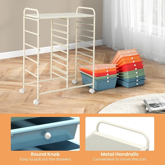 GOFLAME 15-Drawer Rolling Storage Cart, Craft Storage Cart with Removable Drawers & Lockable Wheels, Art Cart Supply Storage Organizer for Home Office Classroom, Macaron Color