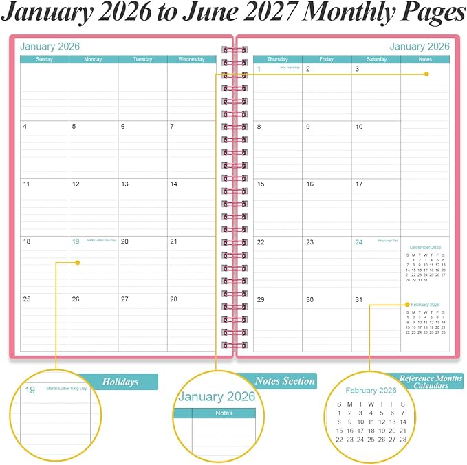 2026-2027 Planner - 18 Months Weekly & Monthly Planner from January 2026 - June 2027, Spiral Planners 2026-2027 with Elastic Closure, Inner Pocket, Medium 5.8" x 8.3", Pink