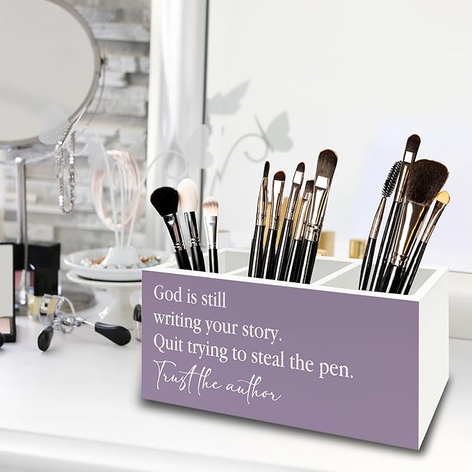XPH Purple Christian Pen Pencil Holder Organizer for Desk, Christian Gifts for Women, God Is Still Writing Your Story Bible Verse Wooden Box Sign for Home Office Desk Tabletop Decorations