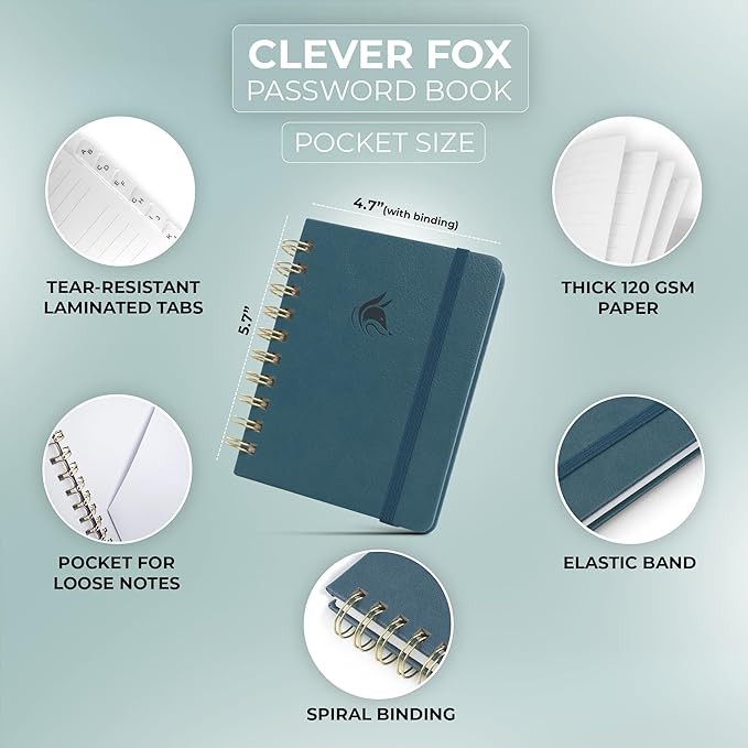 Clever Fox Password Book Spiral – Mini Internet Address & Password Organizer with Laminated Alphabetical Tabs – Small Password Keeper Journal – Hardcover, Pocket Size, 4.7x5.7” (Deep Sea)