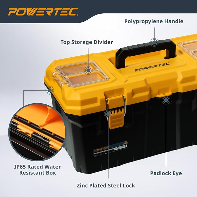 POWERTEC 22-Inch Tool Box with Trays - Lockable, Metal Latch, Organizer, Portable Storage for Tools, Small or Mid-Sized Parts (72363)