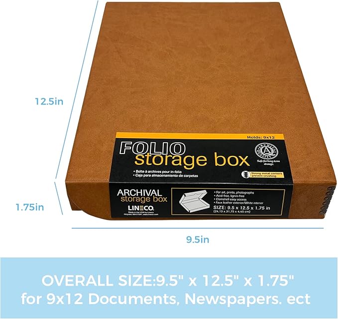 Lineco Folio Storage Box, Faux Leather Cover, Clamshell Design, 9.5x12.5x1.75 Inches, Archival Boxboard, Preserve Photos, Cards, Magazines, Documents, Art, Ephemera, Family Records, Tan, Pack of 1