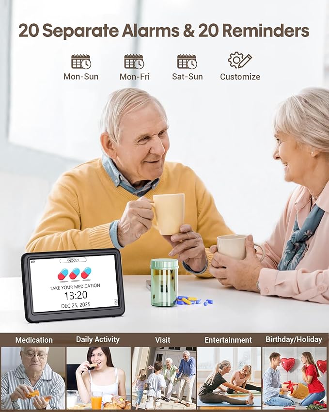 Clock with Day and Date for Elderly Battery Operated, Rechargeable Digital Calendar Clock with 12 Display Modes, 20 Alarms and Medicine Reminders, Dementia Clocks for Seniors Memory Loss Alzheimer's