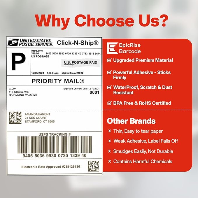 1 1/2" × 1" Direct Thermal Printer Labels, 10 Rolls, 13,000 Matte White Thermal Barcode Labels with Strong Adhesive, Compatible with Zebra & Eltron Printers (No Ink or Toner Needed)
