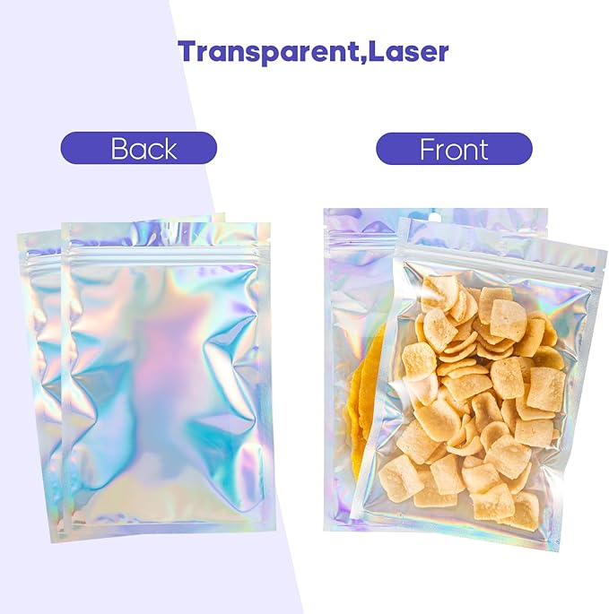 5.5x7.8 inch Holographic Packaging Bags, Resealable Foil Pouch Mylar Sample Bag Great for Small Business and Party Favor Food Storage（50 Pcs-5.5x7.8 in）Holographic Color
