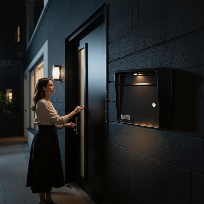 Solar Wall Mount Mailbox for Outside - Auto LED Light at Dusk, Large Locking Mail Box (13 x 3.7 x 12.2 Inches) with Key, Secure Metal Mailboxes for House Outside, Waterproof & Rust-Proof