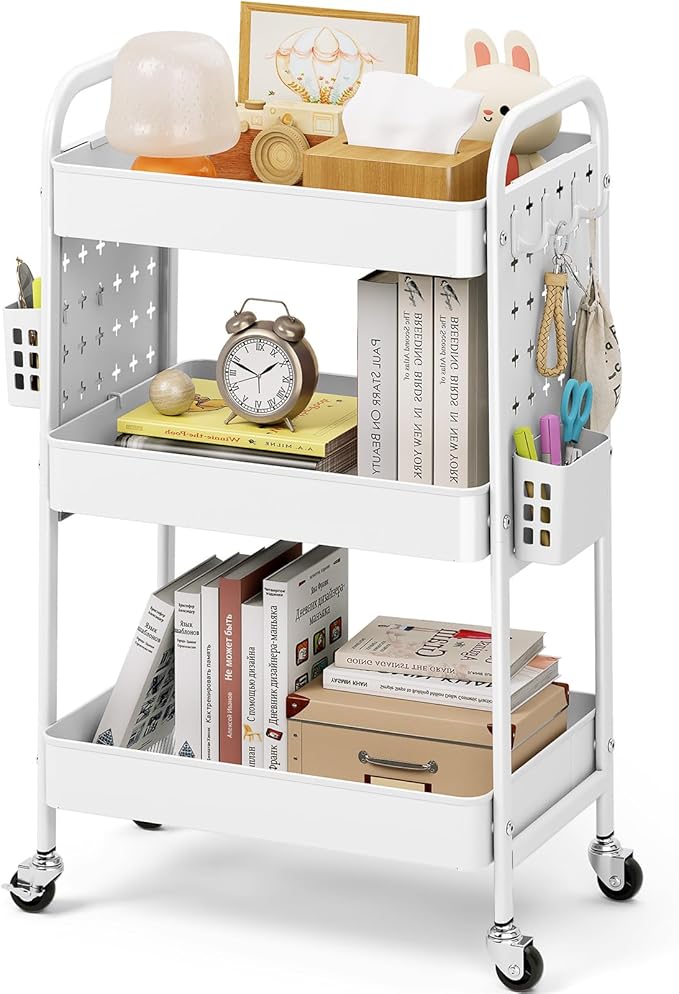 KINGRACK 3 Tier Rolling Cart with DIY Hanging Board, Metal Rolling Utility Cart with Wheels Handles Baskets Hooks, Rolling Storage Cart Suitable for Bathroom, Kitchen, Office, Nursery Diaper (White)